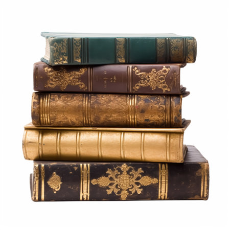 Stack of antique vintage old books isolated on white background, reading in old library and education, post-processed, generative aiの素材