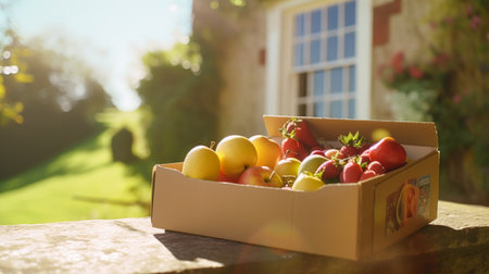 Food delivery, postal service and online grocery shopping, fruit box with fresh organic fruits from a local farm on a house doorstep in the countryside, post-processed, generative aiの素材