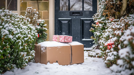 Christmas gifts delivery, postal service and holiday presents online shopping, wrapped parcel boxes on a country house doorstep in a snowing winter, post-processed, generative aiの素材