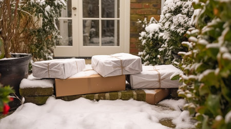 Christmas gifts delivery, postal service and holiday presents online shopping, wrapped parcel boxes on a country house doorstep in a snowing winter, post-processed, generative aiの素材