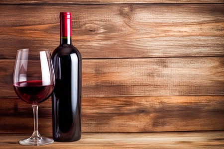 Bottle and a glass of red wine on rustic wooden background, wine tasting and winery idea, post-processed, generative aiの素材