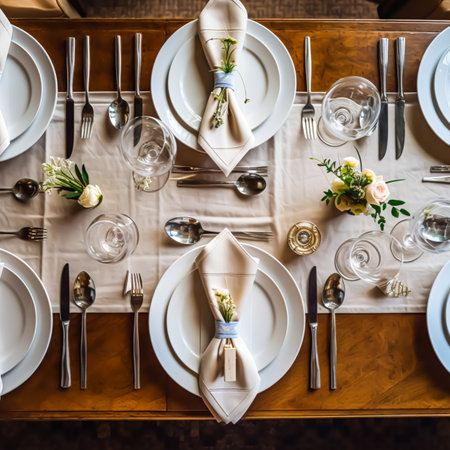 Elegant dinner table setting arrangement in English country style as flatlay tablescape, folded napkin on a serving plate, tableware and holiday table decor, post-processed, generative aiの素材