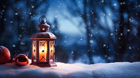 Vintage Christmas lantern on snow as magic night winter holiday background, Merry Christmas and Happy Holidays wishes, post-processed, generative aiの素材