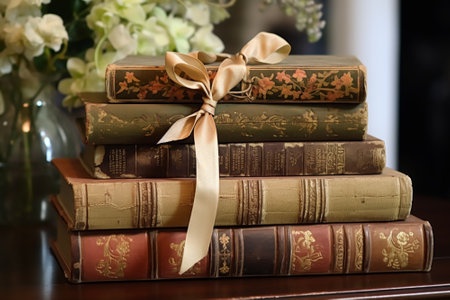 Stack of antique vintage old books, reading in old library and education, post-processed, generative aiの素材