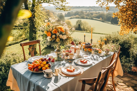 Autumn table scape, autumnal dinner table setting, holiday tablescape for wedding, birthday or party event celebration, post-processed, generative aiの素材