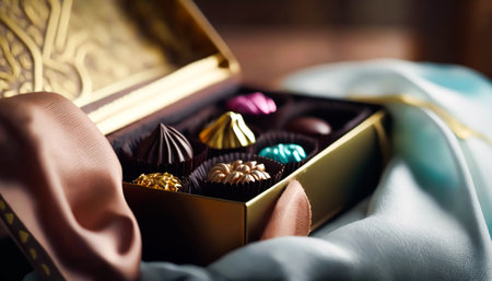 Chocolates and chocolate pralines in a gift box as a luxury holiday present, post-processed, generative aiの素材