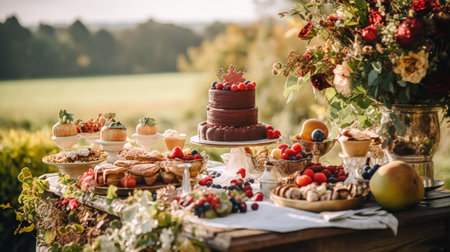 Autumnal dessert buffet table, event food catering for wedding, party and holiday celebration, cakes, sweets and desserts in autumn garden, post-processed, generative aiの素材