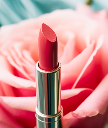 Pink lipstick in a golden tube and blooming rose flower, beauty cosmetic and make-up product, post-processed, generative aiの素材
