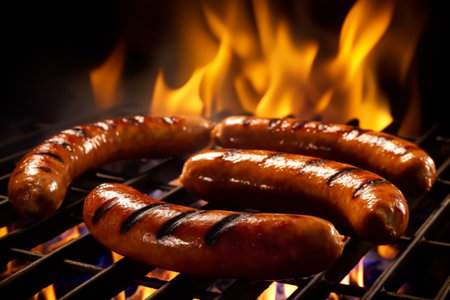 Hot spicy meat sausages grilled on fire, food bbq and grill, post-processed, generative aiの素材