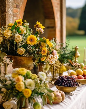 Country life, fruit garden and floral decor, autumnal flowers and autumn fruit harvest celebration, country cottage style, post-processed, generative aiの素材
