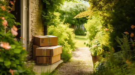 Postal service, home delivery and online shopping, parcel box on a house doorstep in the countryside, post-processed, generative aiの素材