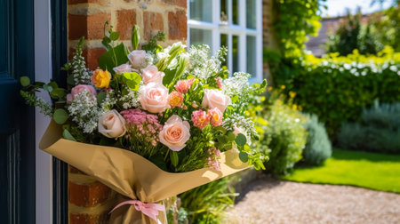 Flower shop delivery and holiday gift postal service, beautiful bouquet of flowers on a house doorstep in the countryside, post-processed, generative aiの素材