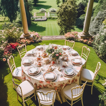Country tablescape, formal dinner table setting, table scape with strawberry decoration for wedding party and holiday event celebration, post-processed, generative aiの素材