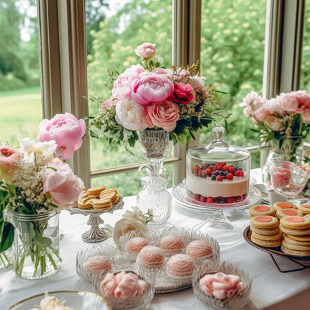 Dessert buffet with peony flowers, catering for wedding, party and holiday celebration, cakes and desserts in a countryside garden, post-processed, generative aiの素材