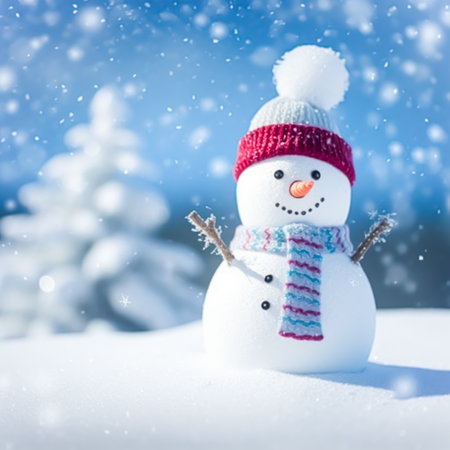 Funny snowman on Christmas holiday winter background, Merry Christmas and Happy Holidays wishes, post-processed, generative aiの素材