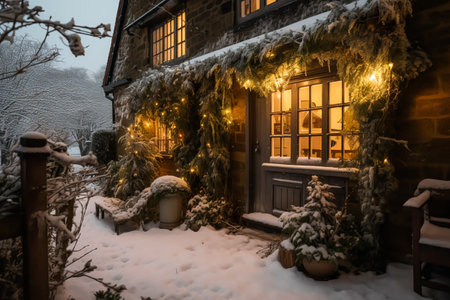Beautiful country cottage decorated for Christmas on a snowy winter evening, holiday and celebration idea, post-processed, generative aiの素材