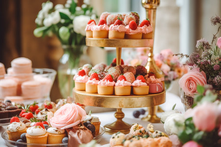 Wedding buffet table, event dessert food catering for wedding, party and holiday celebration, cakes, sweets and desserts in a country garden, post-processed, generative aiの素材