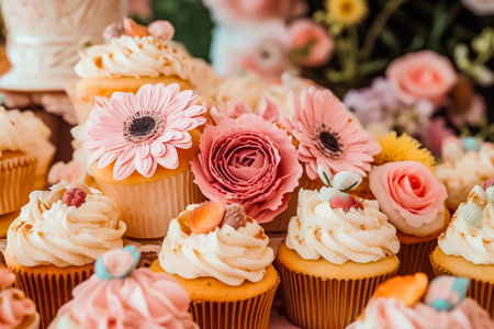 Cupcakes, cakes, scones and muffins and holiday decoration outdoors at the English country style garden, sweet desserts for wedding, birthday or party celebration, post-processed, generative aiの素材