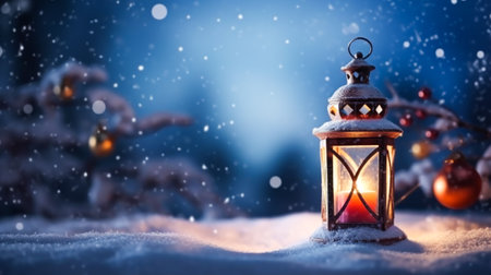 Vintage Christmas lantern on snow as magic night winter holiday background, Merry Christmas and Happy Holidays wishes, post-processed, generative aiの素材