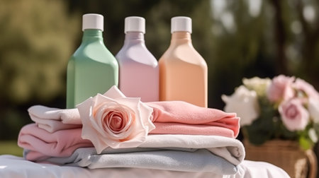 Laundry, housekeeping and homemaking, clean folded clothes and detergent conditioner bottles in the garden, country cottage style, post-processed, generative aiの素材