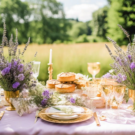 Wedding tablescape, elegant formal dinner table setting, table scape with lavender decoration for holiday party event celebration, post-processed, generative aiの素材