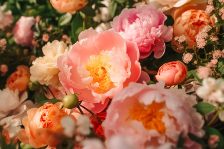 Flower garden, gardening and countryside nature, beautiful peony flowers, peonies blooming on a sunny day, post-processed, generative aiの素材