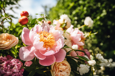 Flower garden, gardening and countryside nature, beautiful peony flowers, peonies blooming on a sunny day, post-processed, generative aiの素材