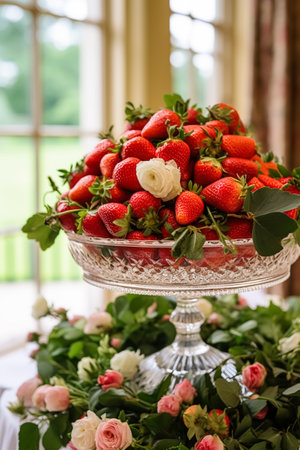 Food, fruit garden and strawberry harvest, fresh strawberries served in the countryside, post-processed, generative aiの素材