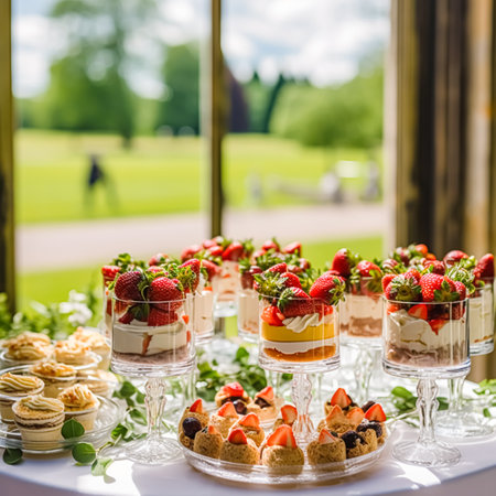 Strawberry dessert buffet table, food catering for wedding, party and holiday celebration, strawberries desserts in a countryside garden, post-processed, generative aiの素材