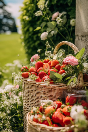 Food, fruit garden and strawberry harvest, fresh strawberries in a basket in the countryside, post-processed, generative aiの素材