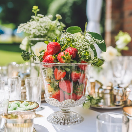 Food, fruit garden and strawberry harvest, fresh strawberries served in the countryside, post-processed, generative aiの素材