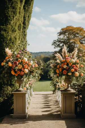Wedding decoration, floral decor and event celebration, autumnal flowers and wedding aisle in the autumn garden, country style, post-processed, generative aiの素材
