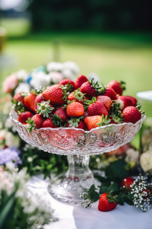 Food, fruit garden and strawberry harvest, fresh strawberries served in the countryside, post-processed, generative aiの素材