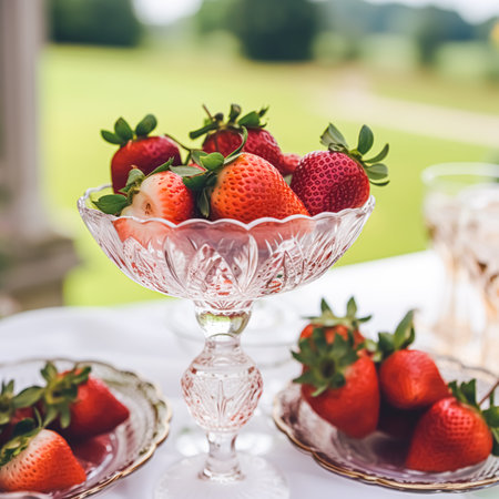 Food, fruit garden and strawberry harvest, fresh strawberries served in the countryside, post-processed, generative aiの素材