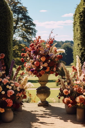 Wedding decoration, floral decor and event celebration, autumnal flowers and wedding aisle in the autumn garden, country style, post-processed, generative aiの素材