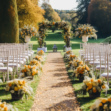 Wedding decoration, floral decor and event celebration, autumnal flowers and wedding aisle in the autumn garden, country style, post-processed, generative aiの素材