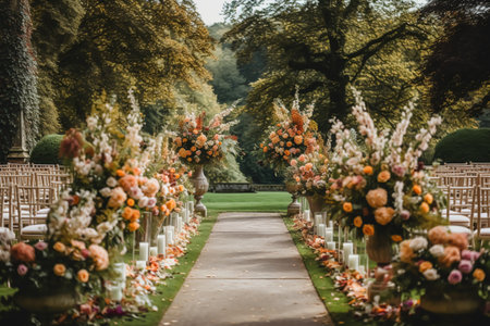Wedding decoration, floral decor and event celebration, autumnal flowers and wedding aisle in the autumn garden, country style, post-processed, generative aiの素材