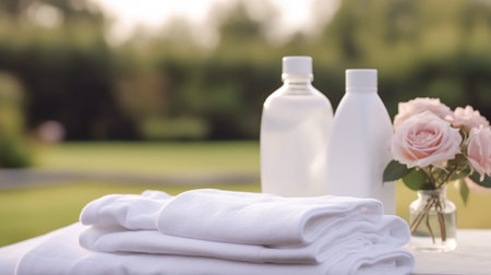 Laundry, housekeeping and homemaking, white clean folded clothes and detergent conditioner bottles in the garden, country cottage style, post-processed, generative aiの素材