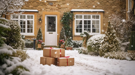 Christmas gifts delivery, postal service and holiday presents online shopping, wrapped parcel boxes on a country house doorstep in a snowing winter, post-processed, generative aiの素材