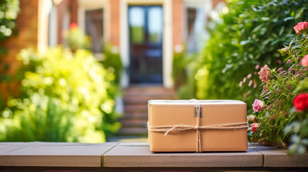 Postal service, home delivery and online shopping, parcel box on a house doorstep in the countryside, post-processed, generative aiの素材