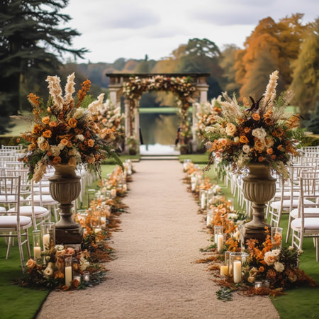 Wedding decoration, floral decor and event celebration, autumnal flowers and wedding aisle in the autumn garden, country style, post-processed, generative aiの素材
