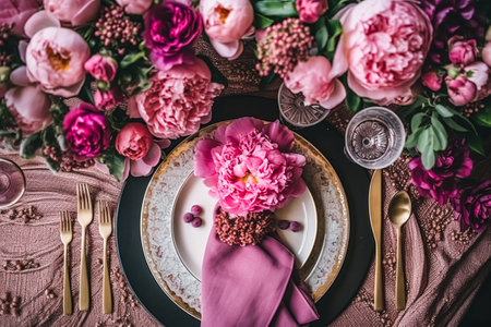 Holiday tablescape, formal dinner table setting, pink peony table scape with peonies decoration for wedding party and event celebration, post-processed, generative aiの素材