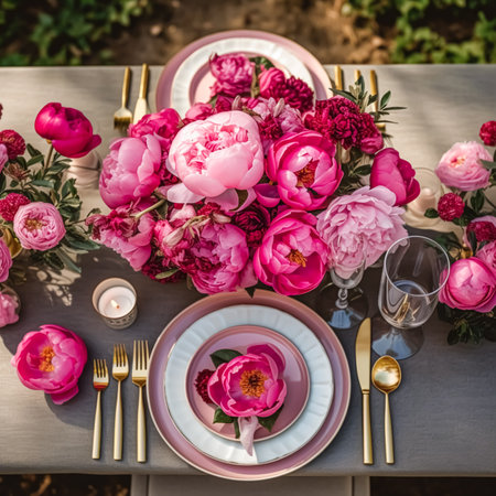 Holiday tablescape, formal dinner table setting, pink peony table scape with peonies decoration for wedding party and event celebration, post-processed, generative aiの素材