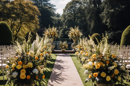 Wedding decoration, floral decor and event celebration, autumnal flowers and wedding aisle in the autumn garden, country style, post-processed, generative aiの素材