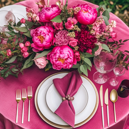 Holiday tablescape, formal dinner table setting, pink peony table scape with peonies decoration for wedding party and event celebration, post-processed, generative aiの素材