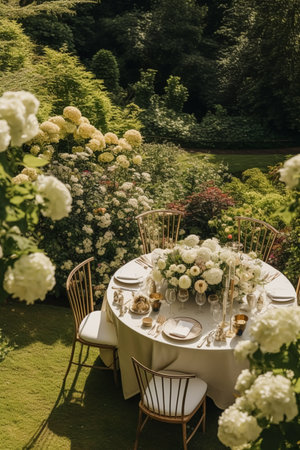 Holiday tablescape, formal dinner table setting, peony flowers table scape with peonies decoration for wedding party and event celebration, post-processed, generative aiの素材