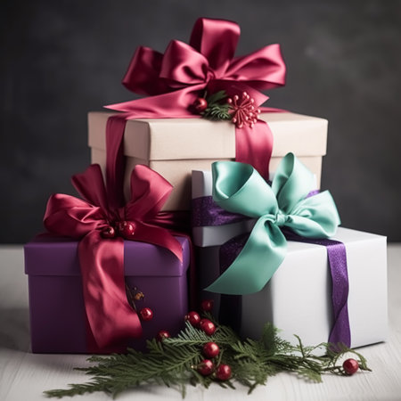 Classic Christmas presents and holiday gifts, wrapped gift boxes under Christmas tree, boxing day and holidays shopping, post-processed, generative aiの素材