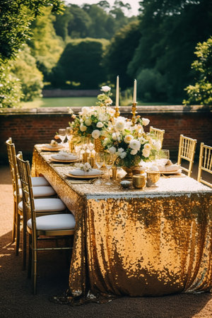 Holiday tablescape, golden formal dinner table setting, table scape with gold decoration for wedding party and event celebration, post-processed, generative aiの素材