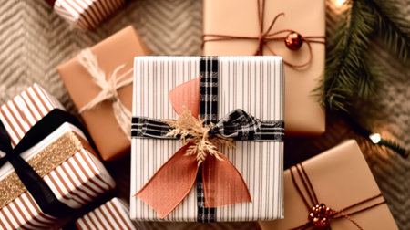 Holiday gifts and presents, country cottage rustic style gift boxes for Christmas, boxing day and holidays shopping flatlay, post-processed, generative aiの素材