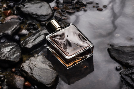 Modern glass men perfume bottle among black rocks in the rain, fragrance and perfumery idea, post-processed, generative aiの素材